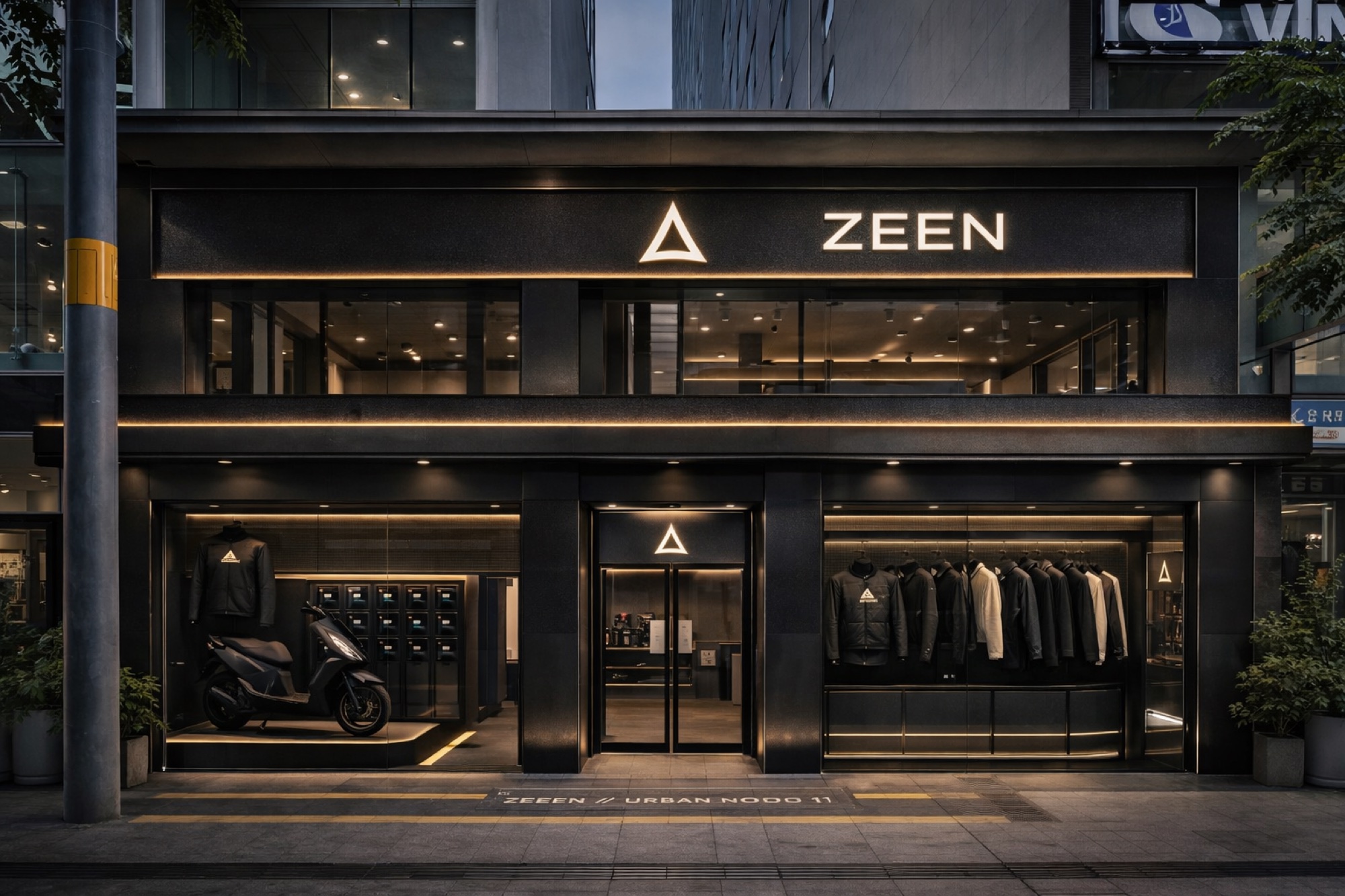 The ZEEN flagship store front at dusk