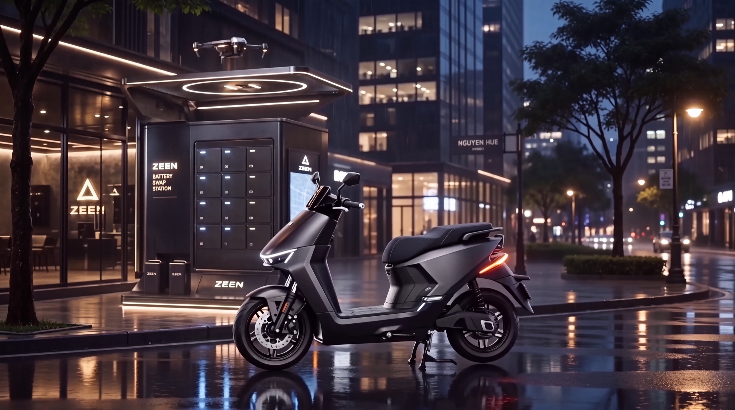 A ZEEN motorbike beside a ZEEN swap station on a wet city street at dusk