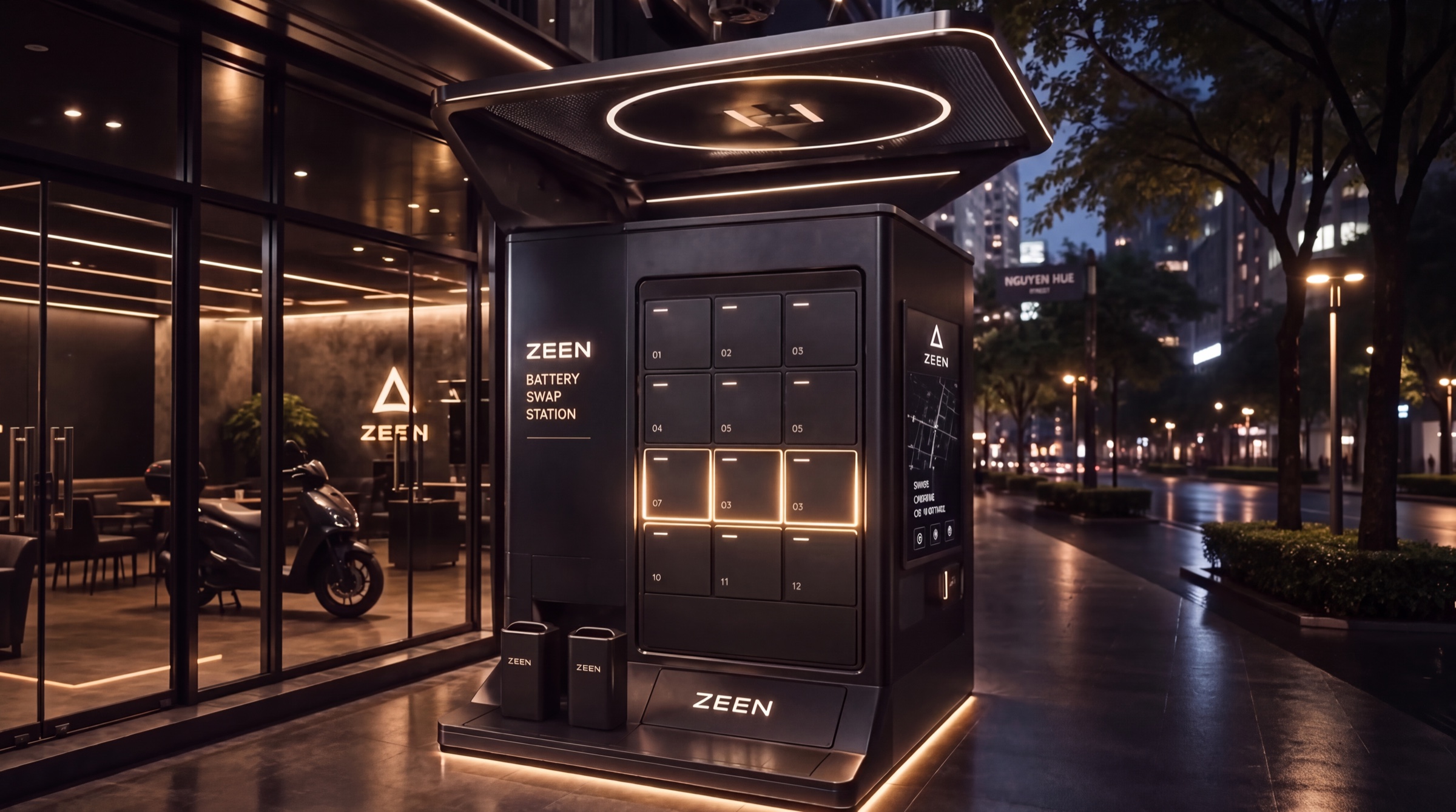A ZEEN swap station on Nguyen Hue in Ho Chi Minh City at night, bays lit